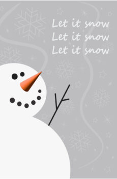 Grey and white christmas card with a snowman on the front.